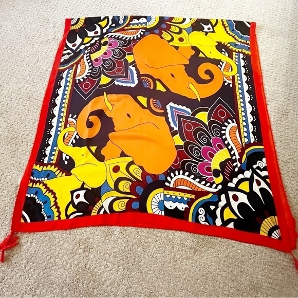 Batik Elephant Shawl Orange Pashmina Mod Colorful Indian Boho Festival Light - Picture 5 of 10